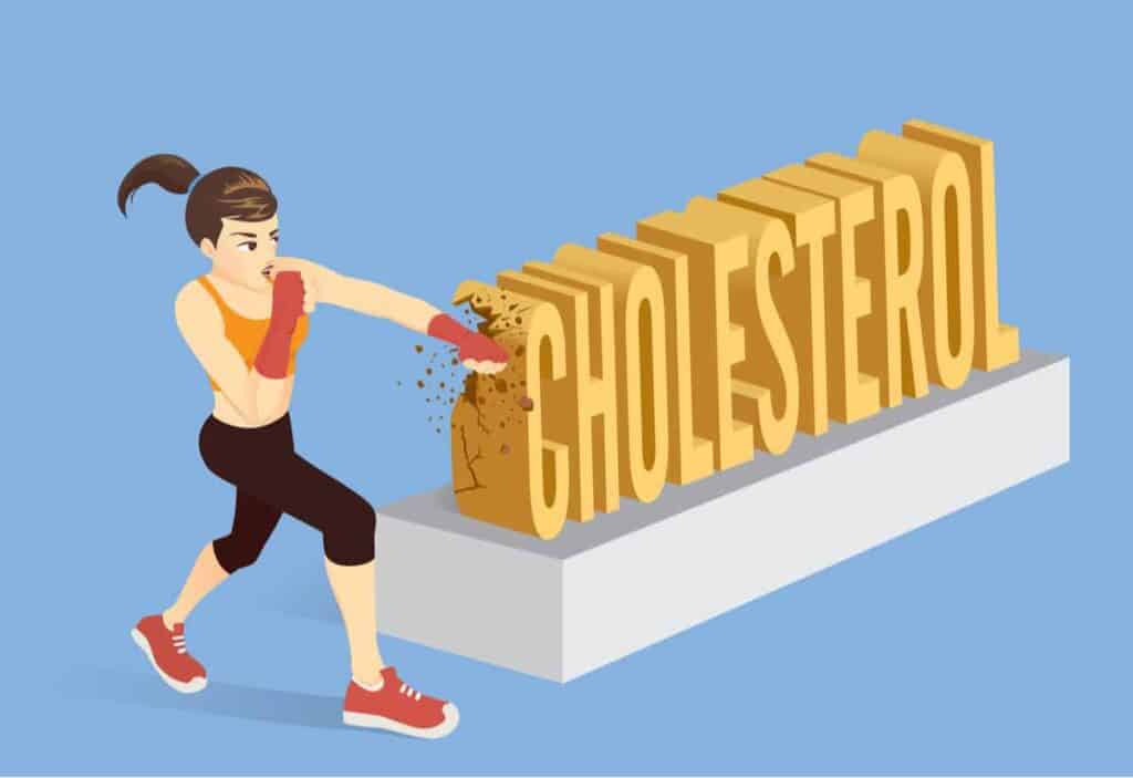 Graphic of healthy woman knocking out cholesterol