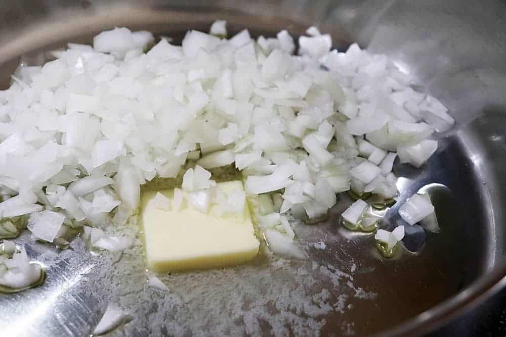Onions and butter in a skillet
