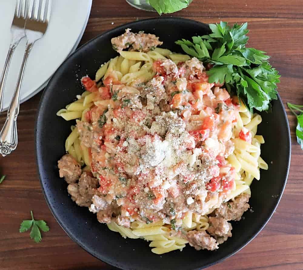 Penne With Sausage and Tomato Cream Sauce OVERHEAD
