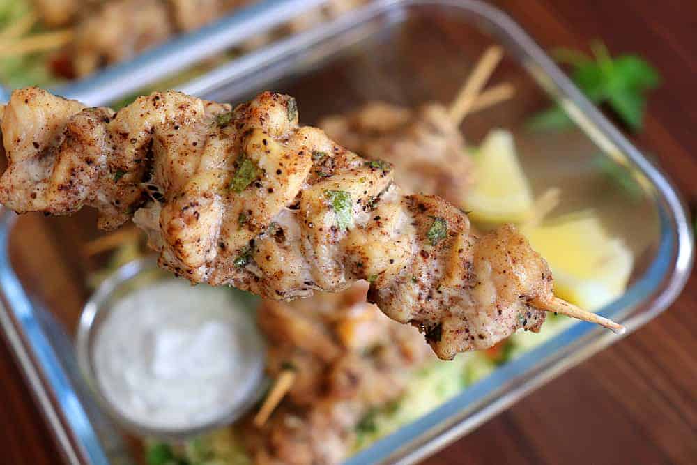 Close up skewer of Chicken Shawarma Meal Prep 