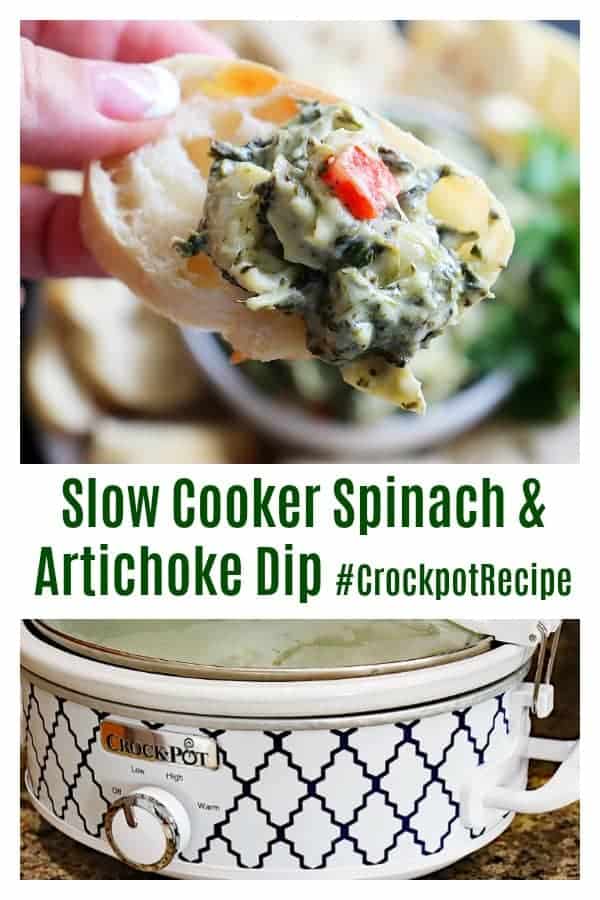 Pinterest image for Slow Cooker Spinach and Artichoke Dip