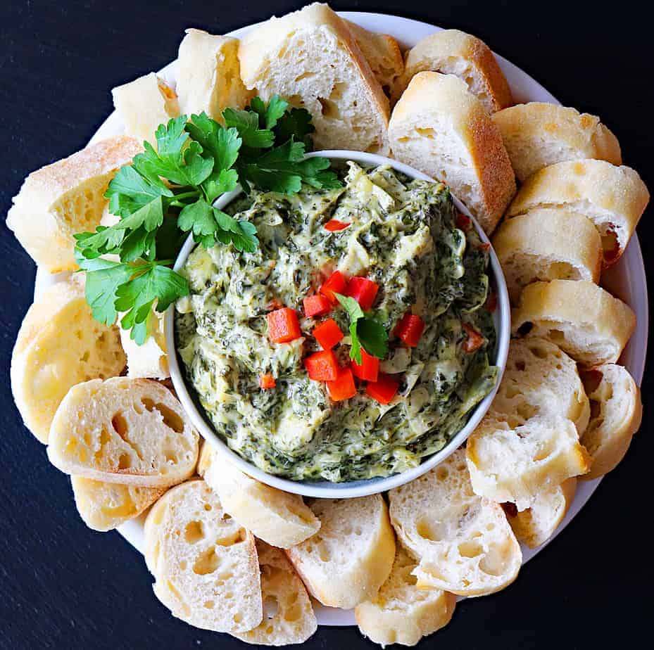 Overhead of Slow Cooker Spinach and Artichoke Dip