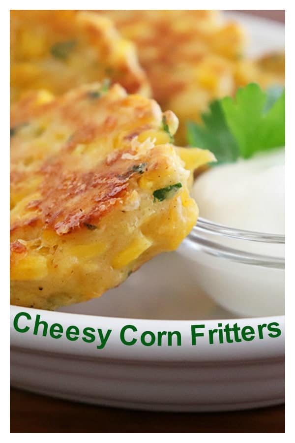 Pinterest image for Cheesy Corn Fritters