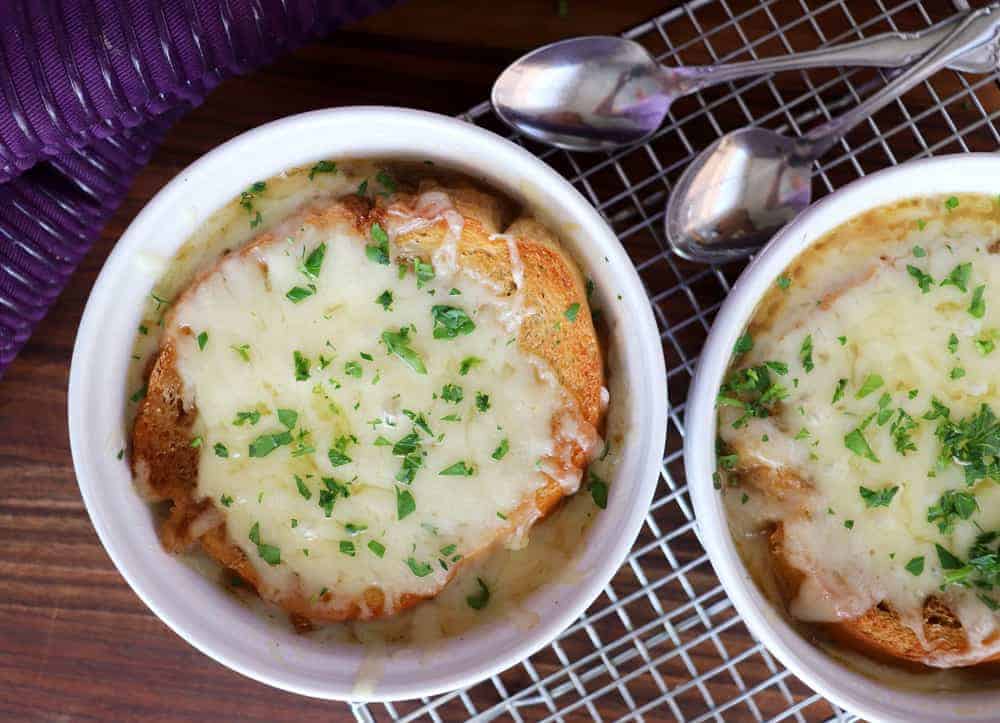 Overhead view of Classic French Onion Soup Recipe