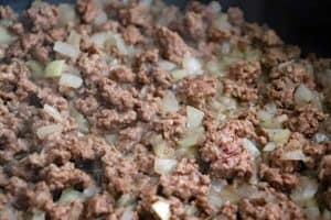 Browning the ground beef and onions for Easy Eggplant Bake