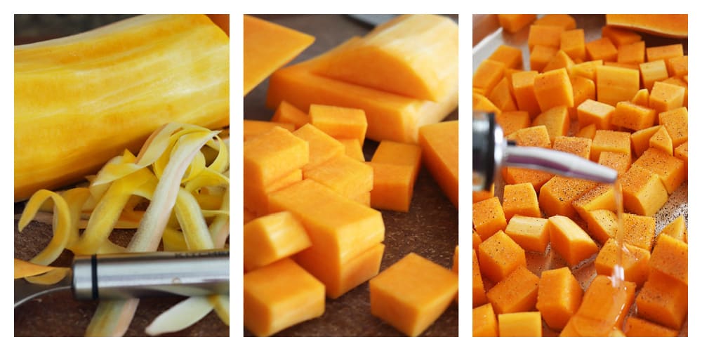 Collage of prepping the butternut squash