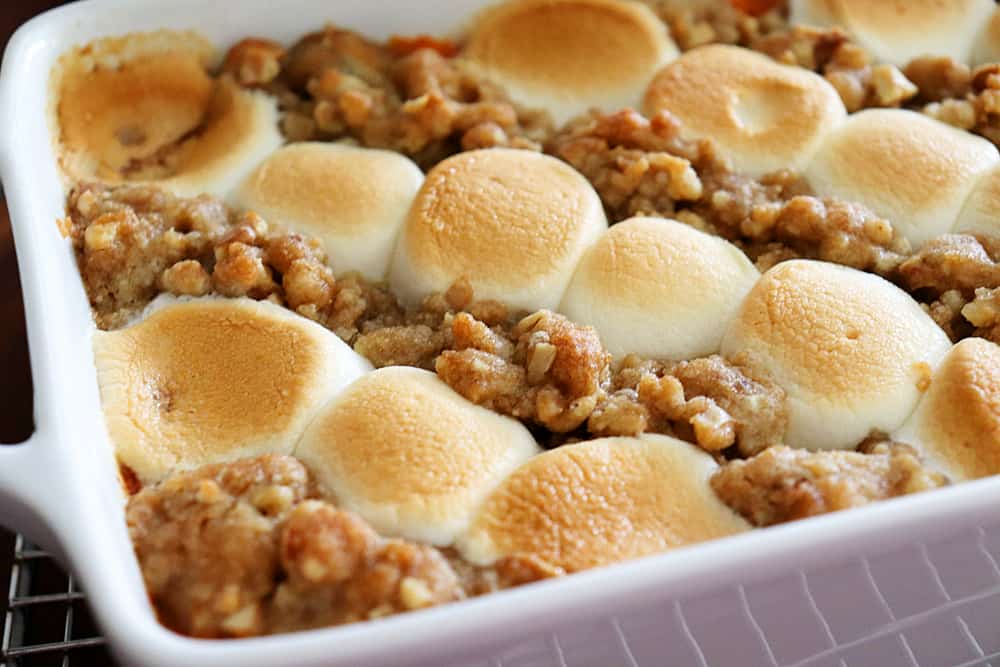 Baked Sweet Potato Casserole with Marshmallow Streusel Topping