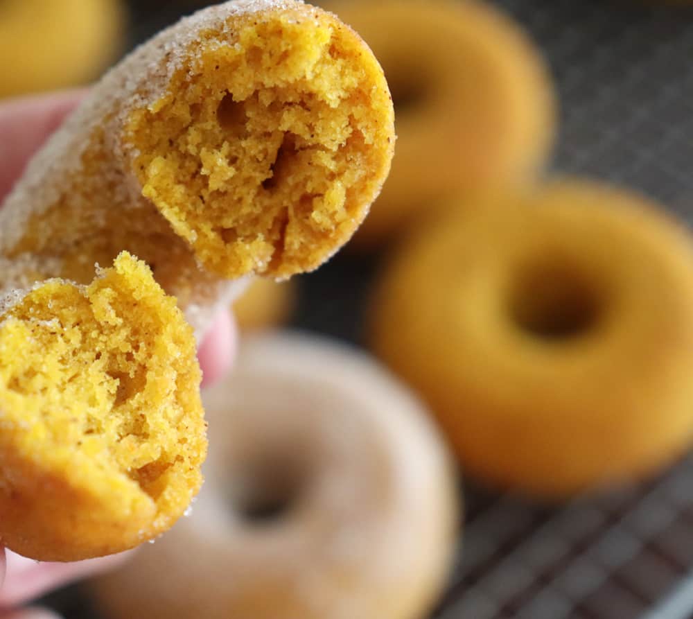 Bite shot of Baked Pumpkin Doughnuts Recipe