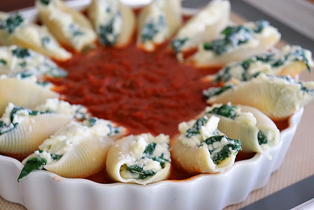 First layer of Spinach and Ricotta Stuffed Shells Recipe