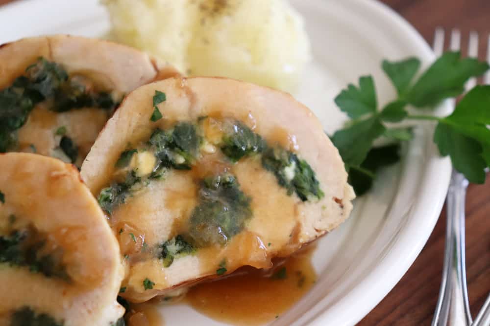 Sauced Spinach and Feta Turkey Roulade