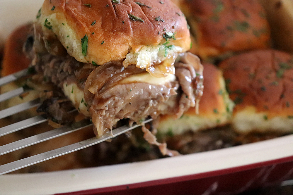 Close up spatula French Dip Sliders
