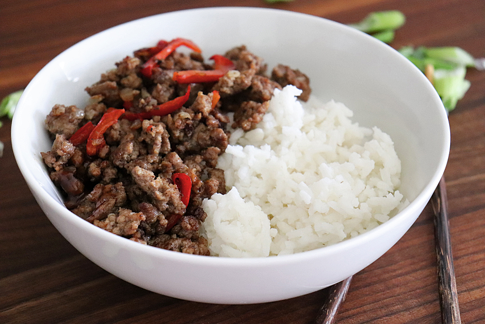 Add beef and rice to bowl