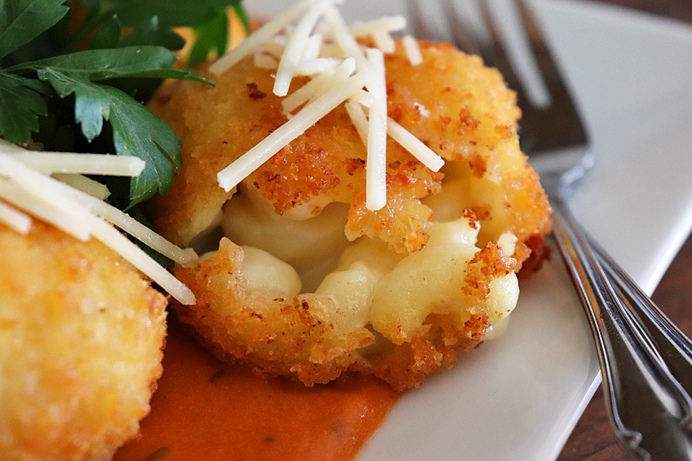 Plated Cheesecake Factory Fried Macaroni and Cheese Balls