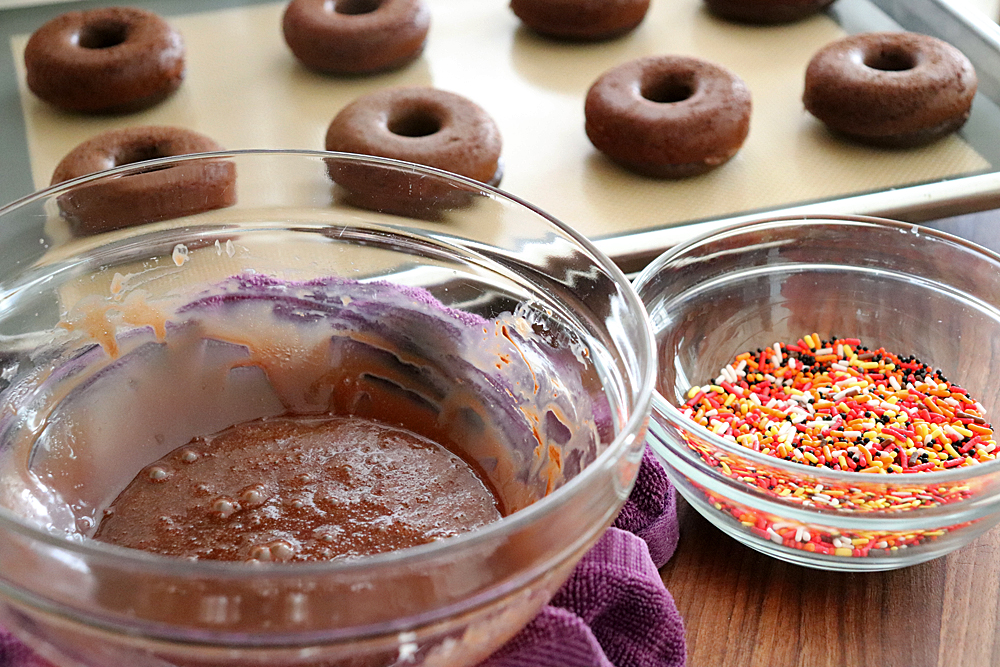 Dipping station for Baked Chocolate Cake Doughnuts 