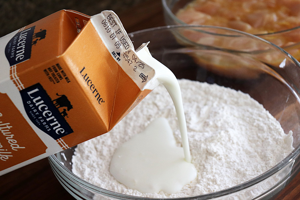 Add buttermilk to flour mixture to create that craggily texture.