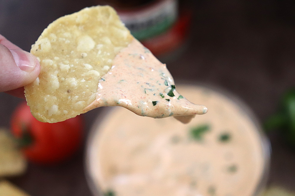 Tortilla chip dipped in Creamy Chipotle Sauce