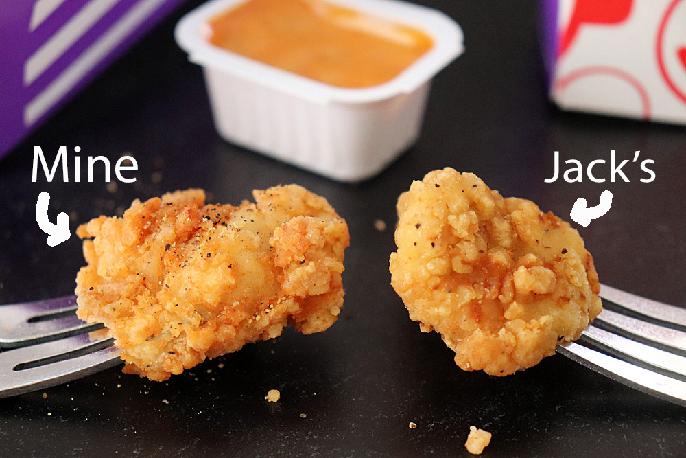 Jack in the Box Popcorn Chicken Copycat Recipe Side by Side comparison with the original and mine